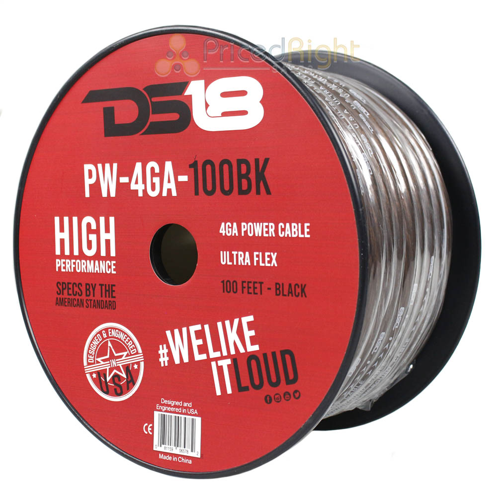 DS18 4 Ga Power Cable 100Ft Spool Black Ultra Flex CCA Wire PW-4GA-100BK-100Ft