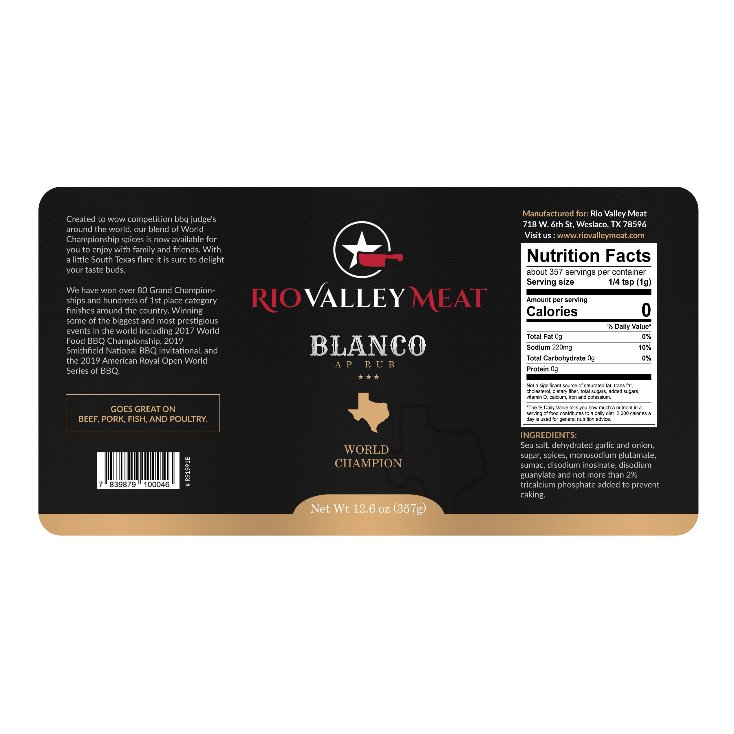 Rio Valley Meat Blanco All Purpose Rub AP 12.6 Oz Shaker Bottle OW91000
