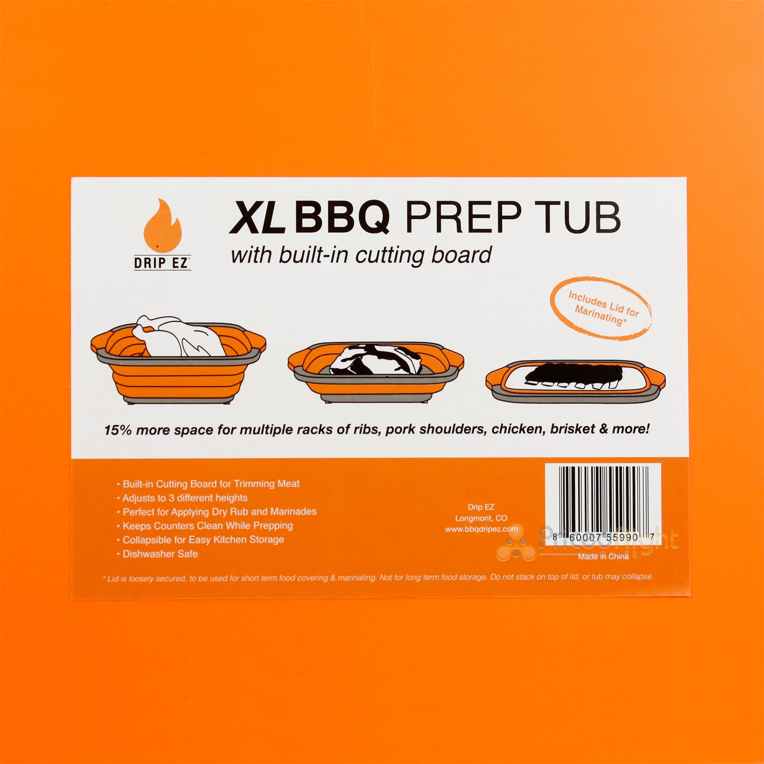 DripEZ XL BBQ Adjustable 3-Height Prep Tub With Cutting Board And Lid Orange