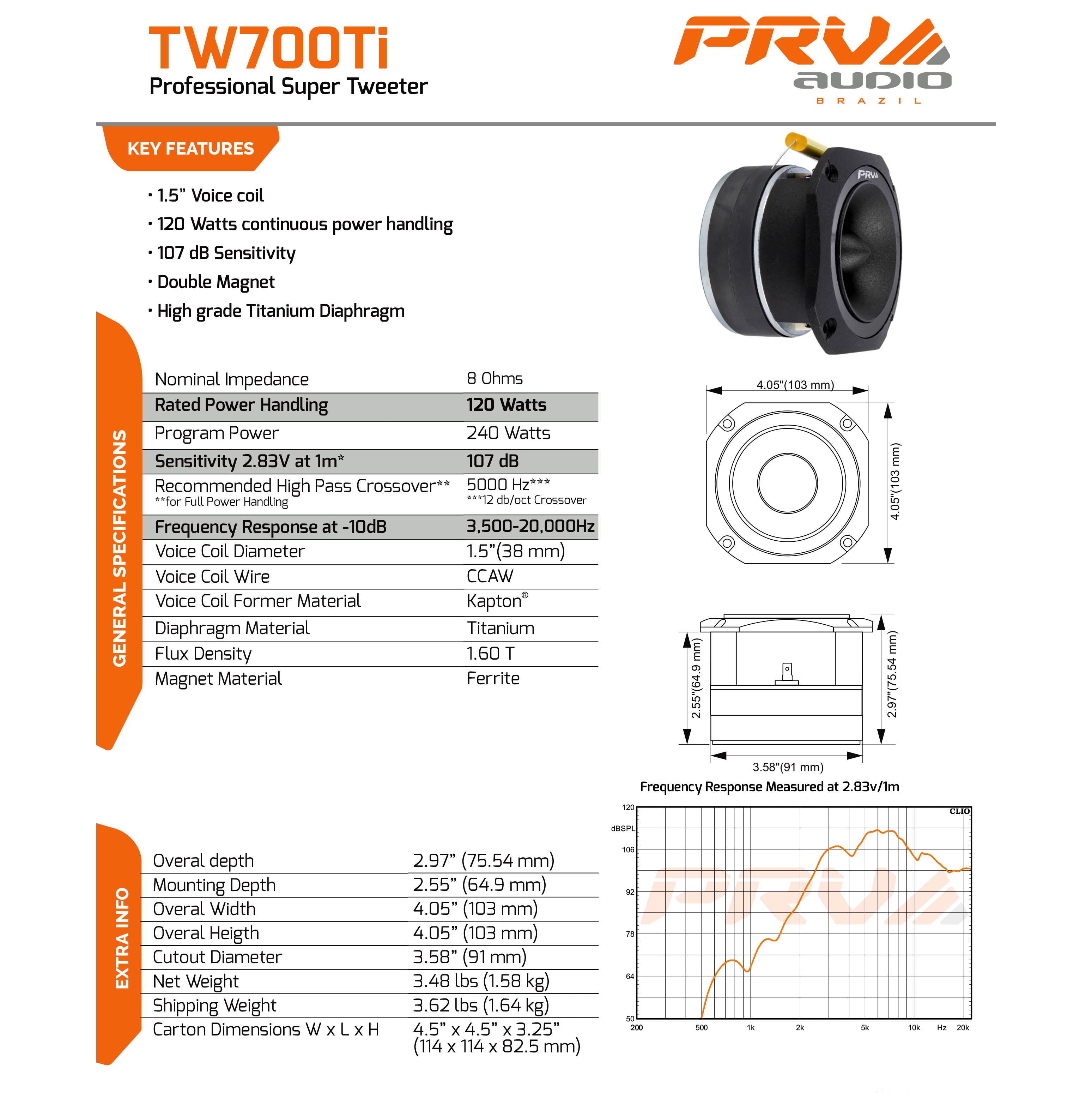 PRV 4" Pro Audio Super Bullet Tweeter 120 Watts RMS Power 8 Ohm TW700Ti Single